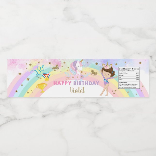 Gymnastics & Unicorn girl birthday bottle label. Wasserflaschenetikett (Einzelnes Label)