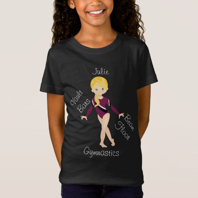 Gymnastik Blonde, grüne Augen, Burgund Leotard T-Shirt (Vorderseite)