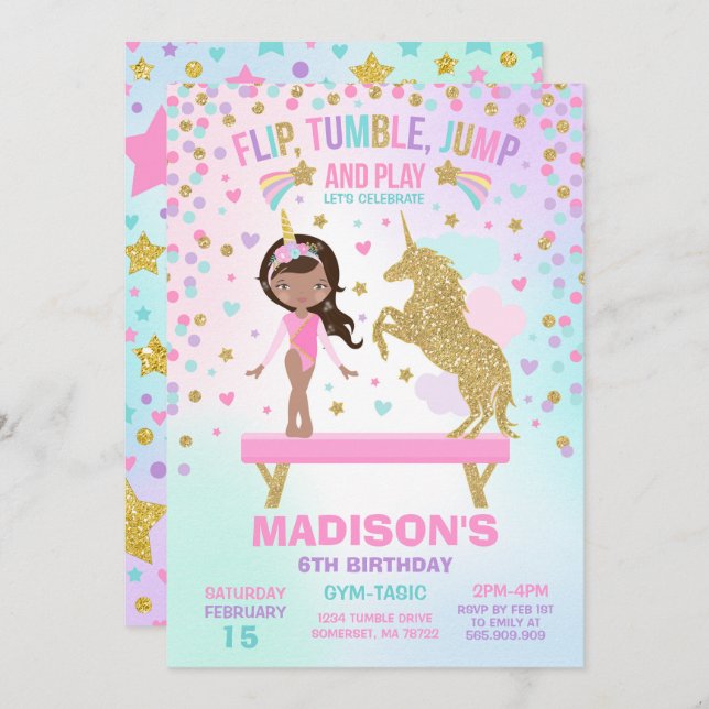 Gymnastik Einladung Unicorn Gymnastik Party (Vorne/Hinten)