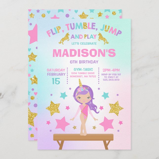 Gymnastik Einladung Unicorn Gymnastik Party (Vorne/Hinten)