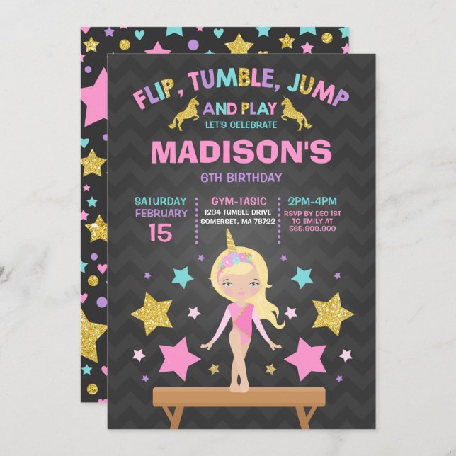 Gymnastik-Einladungunicorn-Gymnastik-Party Einladung (Vorne/Hinten)