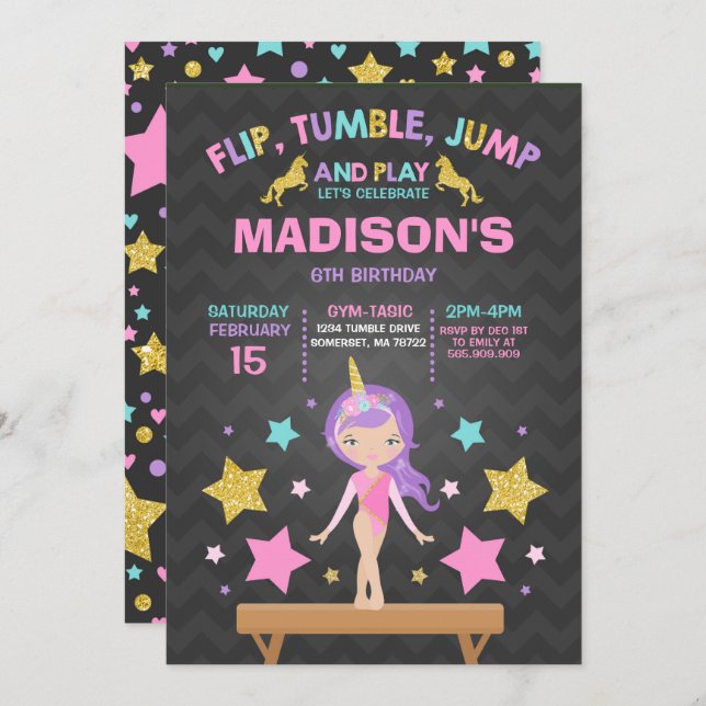 Gymnastik-Einladungunicorn-Gymnastik-Party Einladung (Vorne/Hinten)