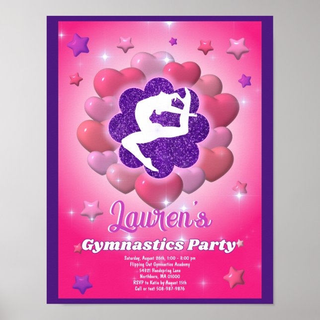 Gymnastik Geburtstagsparty Pink Lila Einladung Poster (Vorne)