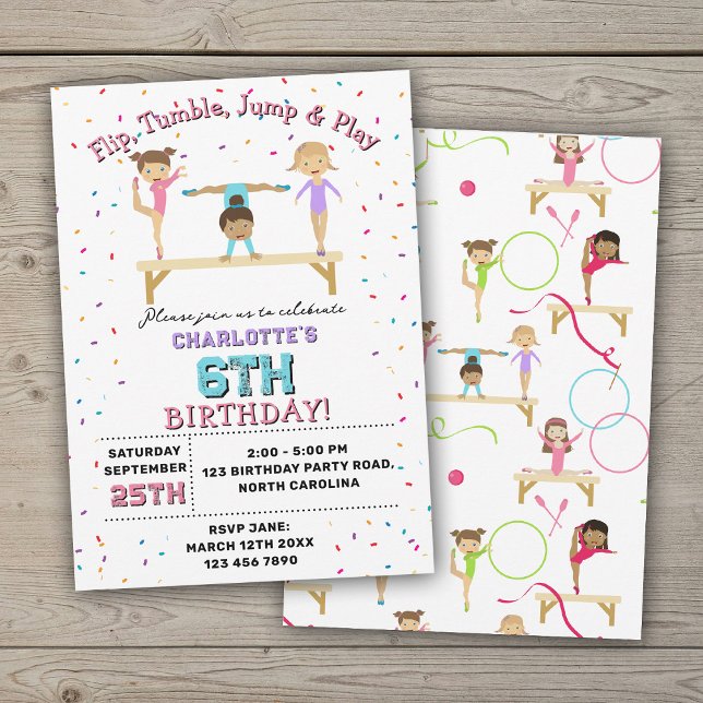 Gymnastik Kinder Mädchen Geburtstagsparty Thema Einladung (Gymnastics Kids Girl Birthday Party Theme Invitation)