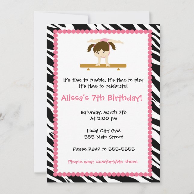 Gymnastik Mädchen Geburtstagsparty Einladung Zebra (Vorderseite)
