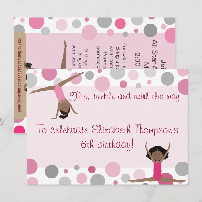 Gymnastik-Party-dunkles Haar-Mädchen im Rosa und Einladung (Vorne/Hinten)