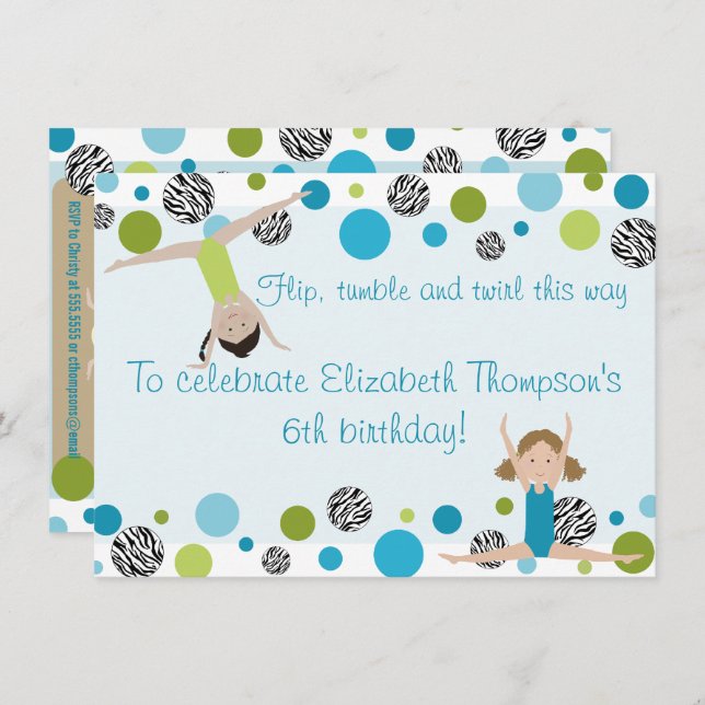 Gymnastik Party Einladung Black, Aqua und Green (Vorne/Hinten)