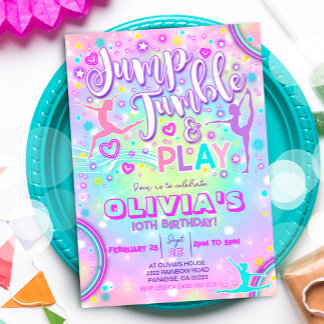 Gymnastik Party Einladung Jump Tumble Play Neon