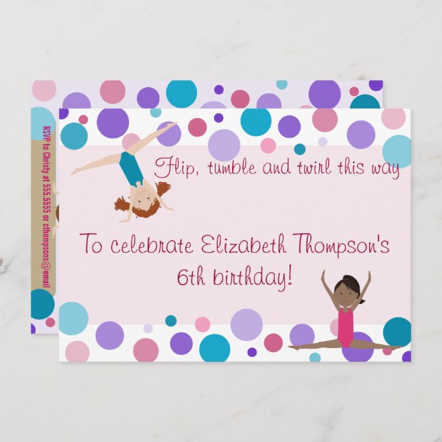 Gymnastik Party Einladung Lila, Aquamarin und Pink (Vorne/Hinten)