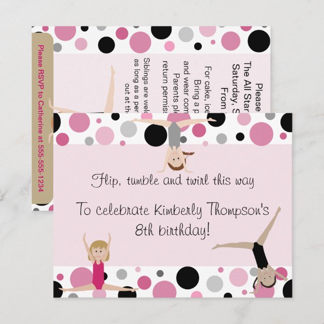 Gymnastik-Party Einladungs-Rosa, Grau u. Schwarzes Einladung (Vorne/Hinten)