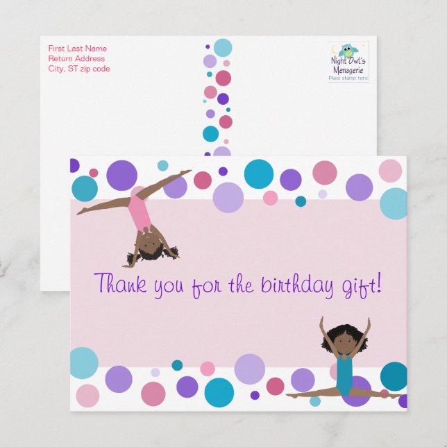 Gymnastik Party Vielen Dank in Rosa, Lila & Aqua Postkarte (Vorne/Hinten)