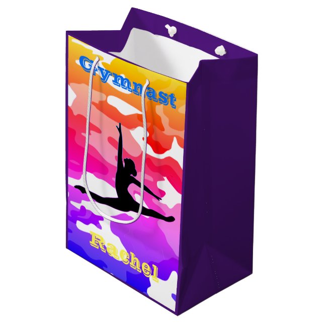 Gymnastik Rainbow Camouflage Gymnast Gift Bag Mittlere Geschenktüte (Vorderseite Schrägansicht)