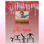 Gymnastik Red & Silver Glitzer Tropfen Custom Foto Puzzle<br><div class="desc">Gymnastik Rot und Silver Glitzer Tropfen Ombre Design personalisiert mit dem Namen Ihres Turniers oder Ihrem Gymnastikklub Name und Ihrem eigenen Foto!</div>