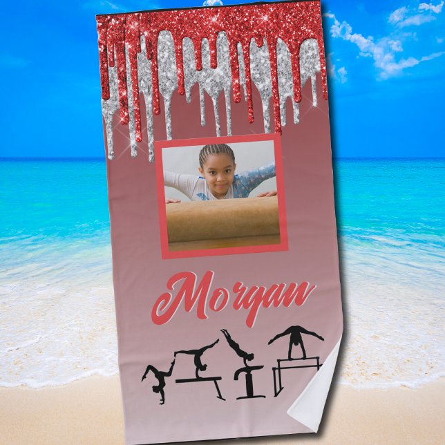 Gymnastik Red & Silver Glitzer Tropfen Custom Foto Strandtuch (Sparkly Gymnastics beach towel for Girls Who Love to Shine and Flip)