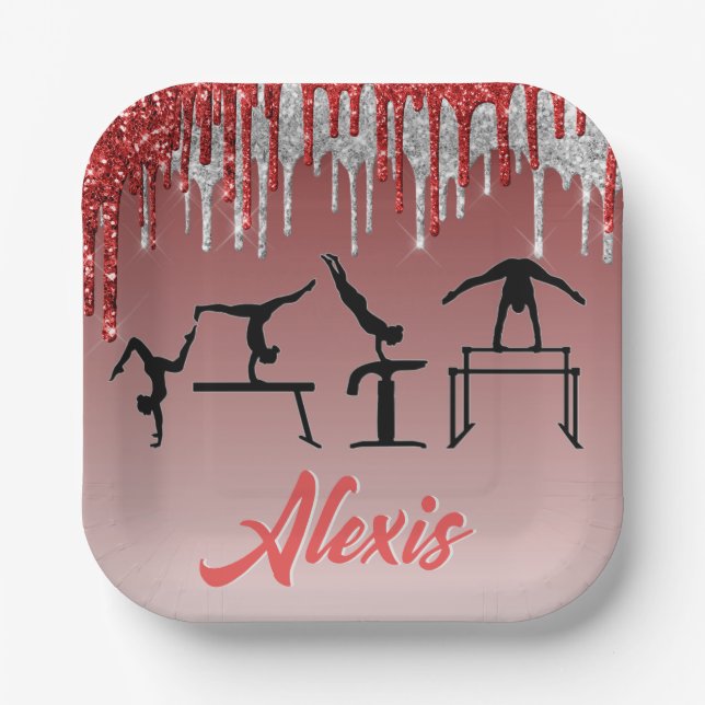 Gymnastik Rot und Silber Glitzer Tropfen Ombre Pappteller (Vorderseite)