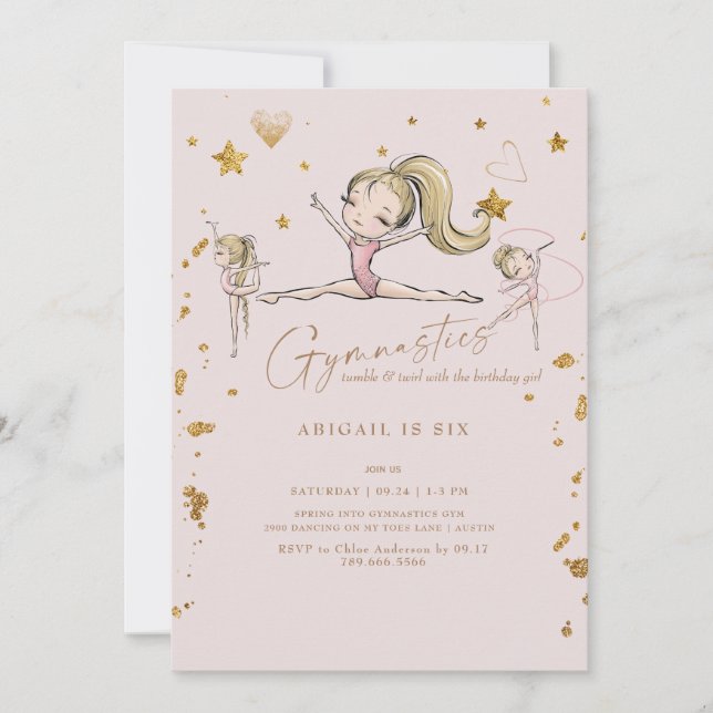Gymnastik Tumble & Twirl Geburtstagsparty Blonde Einladung (Vorderseite)