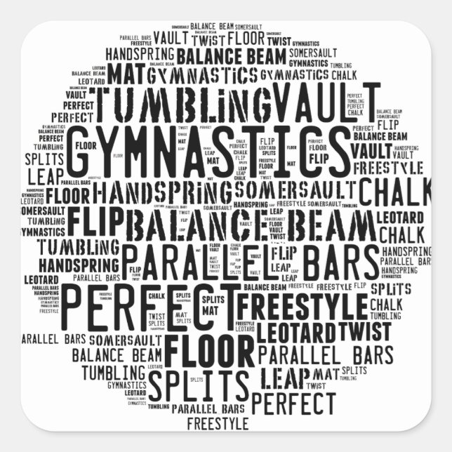 Gymnastik Word Cloud Tumbling Quadratischer Aufkleber (Vorderseite)