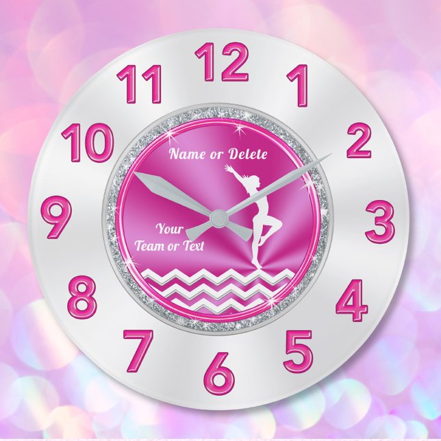 Gymnastikgeschenke für hübsche Gymnastik in Rosa u Große Wanduhr (Girls gymnastics bedroom decor. Pink, White and Silver, Gymnastics Clock. Gifts for Gymnasts. )