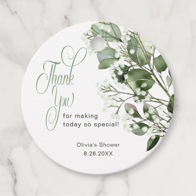 Gypsophila & Eukalyptus Brautparty Vielen Dank Geschenkanhänger (Vorderseite)