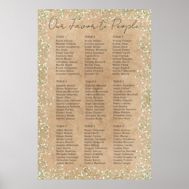 Gypsophila Floral Rustic Wedding Chart Poster (Vorne)