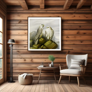 Gyr-Falken auf einem Felsvorsprung, Bird Illustrat Poster