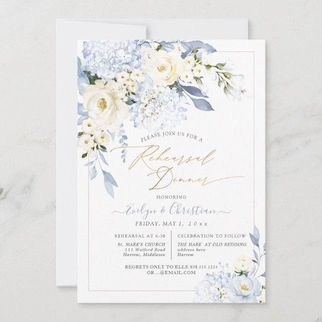H2 Blue Hydrangea Creme Rose Probe Abendessen Einladung (Vorderseite)