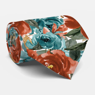 H2 Blumen Teal Grün Rost Orange Rosen Krawatte
