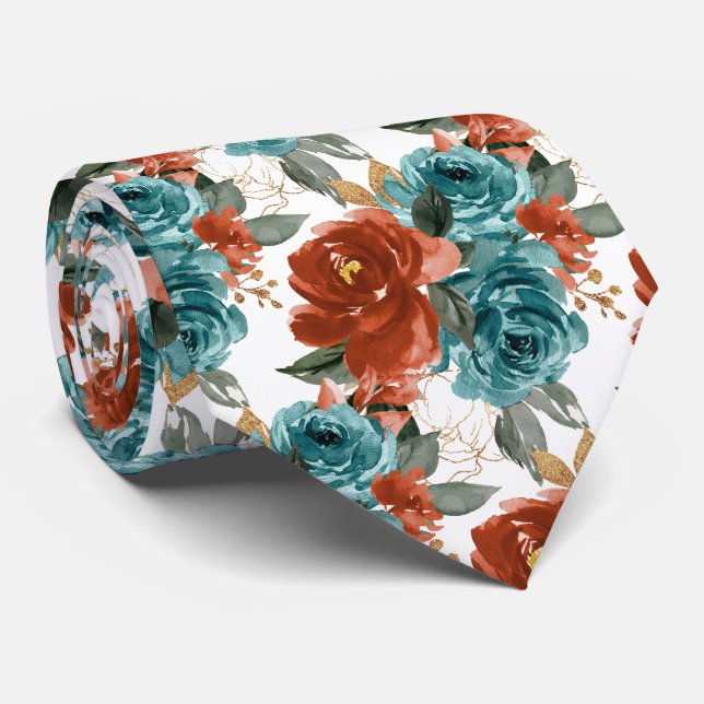 H2 Blumen Teal Grün Rost Orange Rosen   Krawatte (Gerollt)