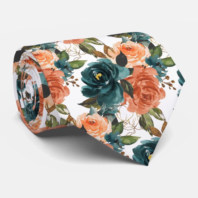 H2 Blumen Teal n Rost Orange Rosen   Krawatte (Gerollt)