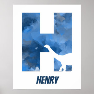 "H" Dinosaurier Watercolor Blue Child's Name Poste Poster