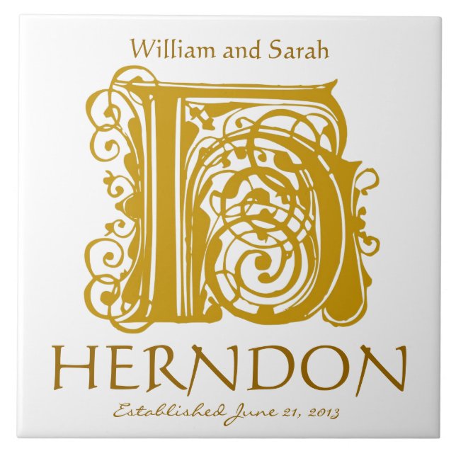 H Gold Monogramm auf Weiß - Namen Hochzeitdatum Ti Fliese (Vorderseite)
