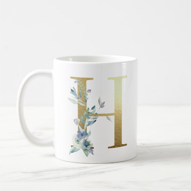 H Golden Initial mit blauem Blumenblättern Kaffeetasse (Links)