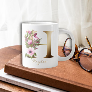 H Letter Gold Monogram   Rosa Magenta Floral Jumbo-Tasse