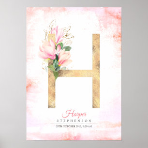 H Letter Monogram Gold Blätter Pink Magnolia Flora Poster