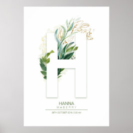 H Letter Monogram Gold Greenerage Foliage Chic Poster