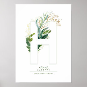H Letter Monogram Gold Greenerage Foliage Chic Poster