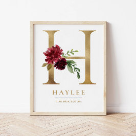 H Letter Monogram Name Marsala Floral Kinderzimmer Poster