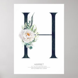 H Letter Monogram Weiße Blume und Grüne Poster