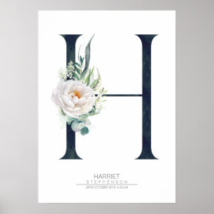 H Letter Monogram Weiße Blume und Grüne Poster