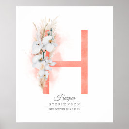 H Letter Monogram White Orchias and Pampas Grass Poster