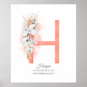 H Letter Monogram White Orchias and Pampas Grass Poster