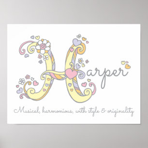 H monogram art Harper girls name meint poster
