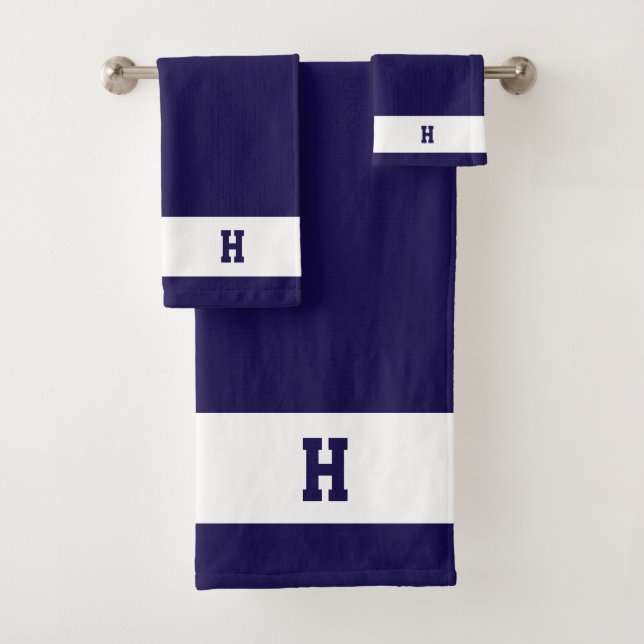H Monogram auf Navy Blue & White Badhandtuch Set (Insitu)