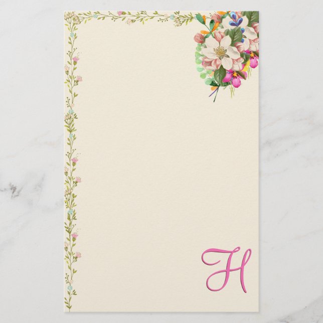 H Monogram Floral Bouquet Briefpapier (Vorderseite)