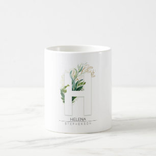 H Monogram Gold Greenery Blätter Eleganter Name Kaffeetasse