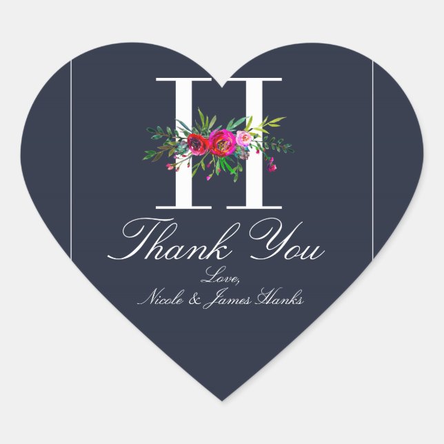 H Monogram letzte erste Hochzeit mit moderner Blau Herz-Aufkleber (Vorderseite)