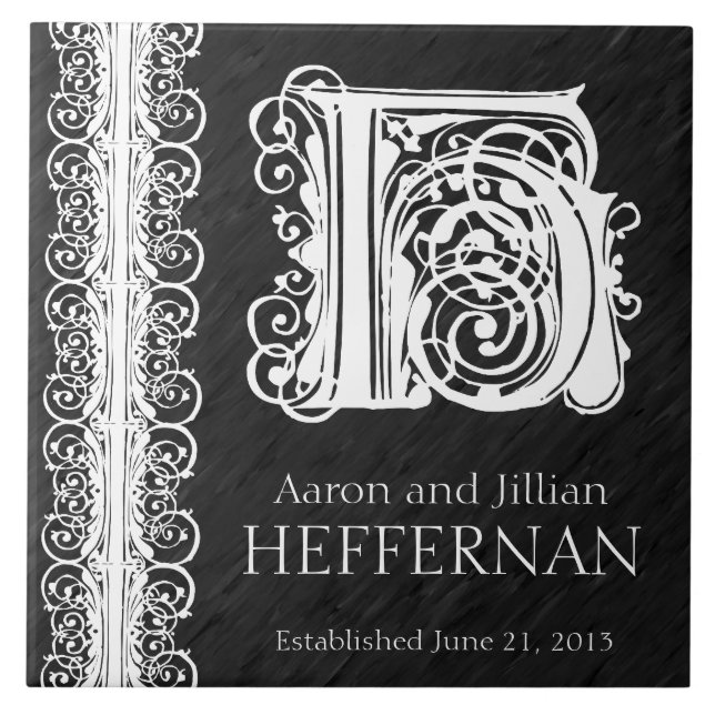 H Monogram "White Lace on Black" Hochzeitszange Fliese (Vorderseite)