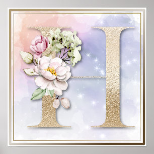 H Monogramm Bordeaux Blumenposter Poster