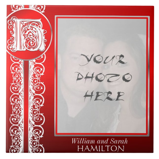 H Monogramm "Weiße Spitzen auf Rot" mit Foto - Til Fliese (Vorderseite)