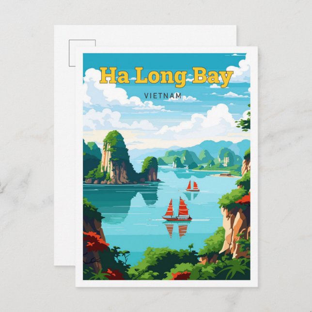 Ha Long Bay Vietnam Reisen Vintag Illustration Postkarte (Vorne/Hinten)